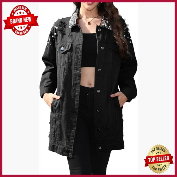 Long Sleeve Denim Jacket with Pearl Buttons Boyfriend Fit Coat